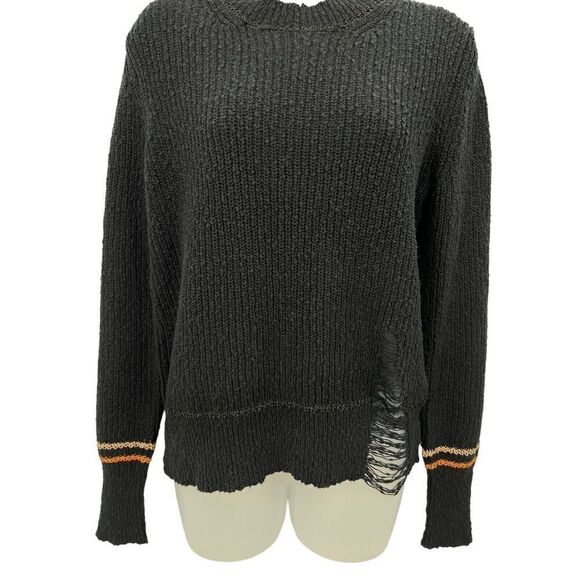 Raquel Allegra Pullover Sweater Size 1 Black Knit Cotton Long Sleeve Distressed - Picture 7 of 14